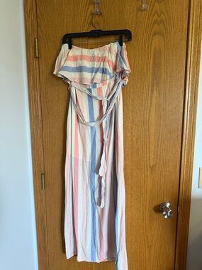 Pink Lily Strapless Maxi Dress in Pastel Pink, Blue, Cream Stripes